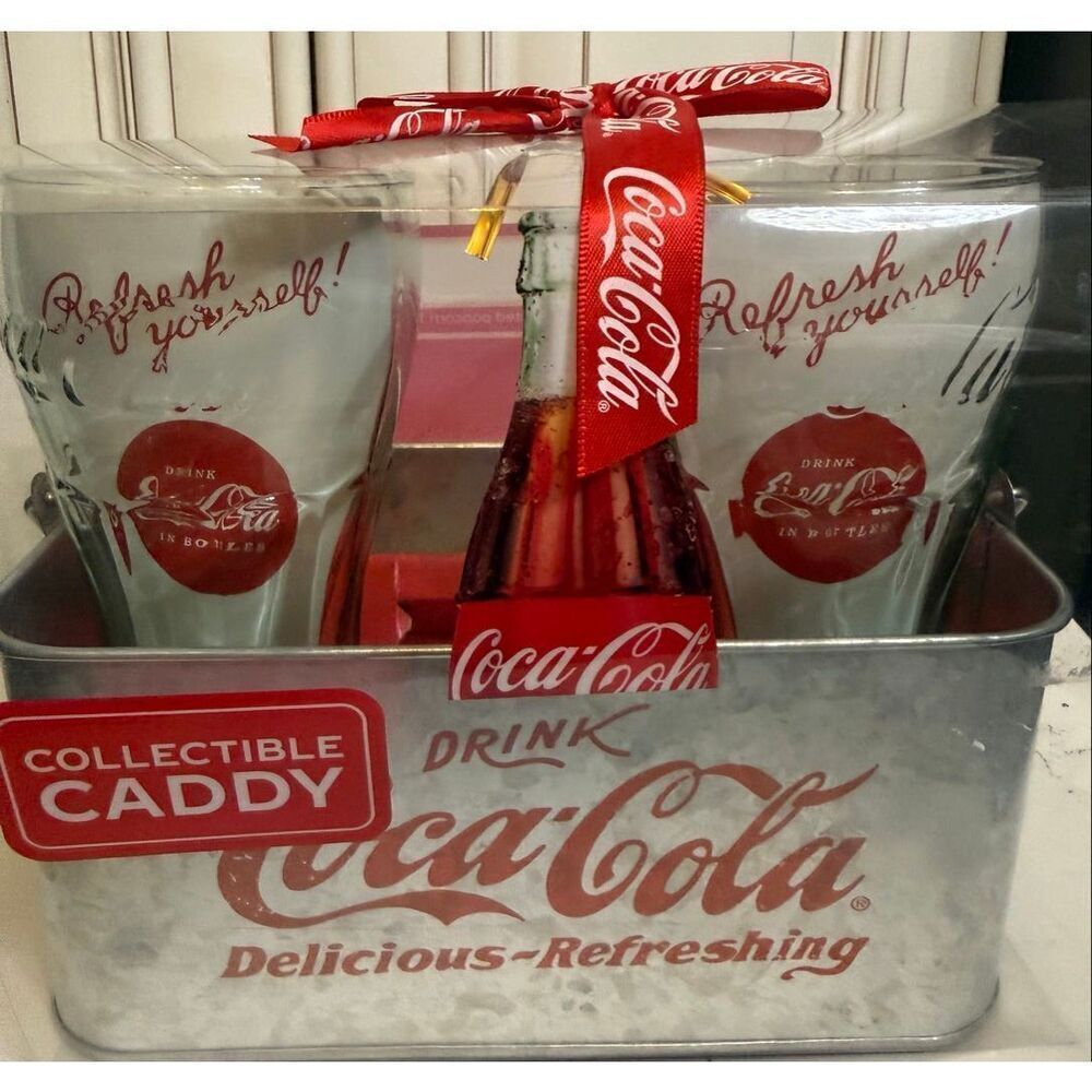 Vintage Coca-Cola Collectible Metal Caddy Two Glasses Popcorn Gift Set NWOT